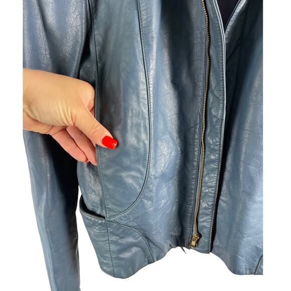 Vintage 1980’s Women’s Cropped Teal Leather Jacket with Epaulettes‎ Size 44 (XL) - Picture 13 of 14